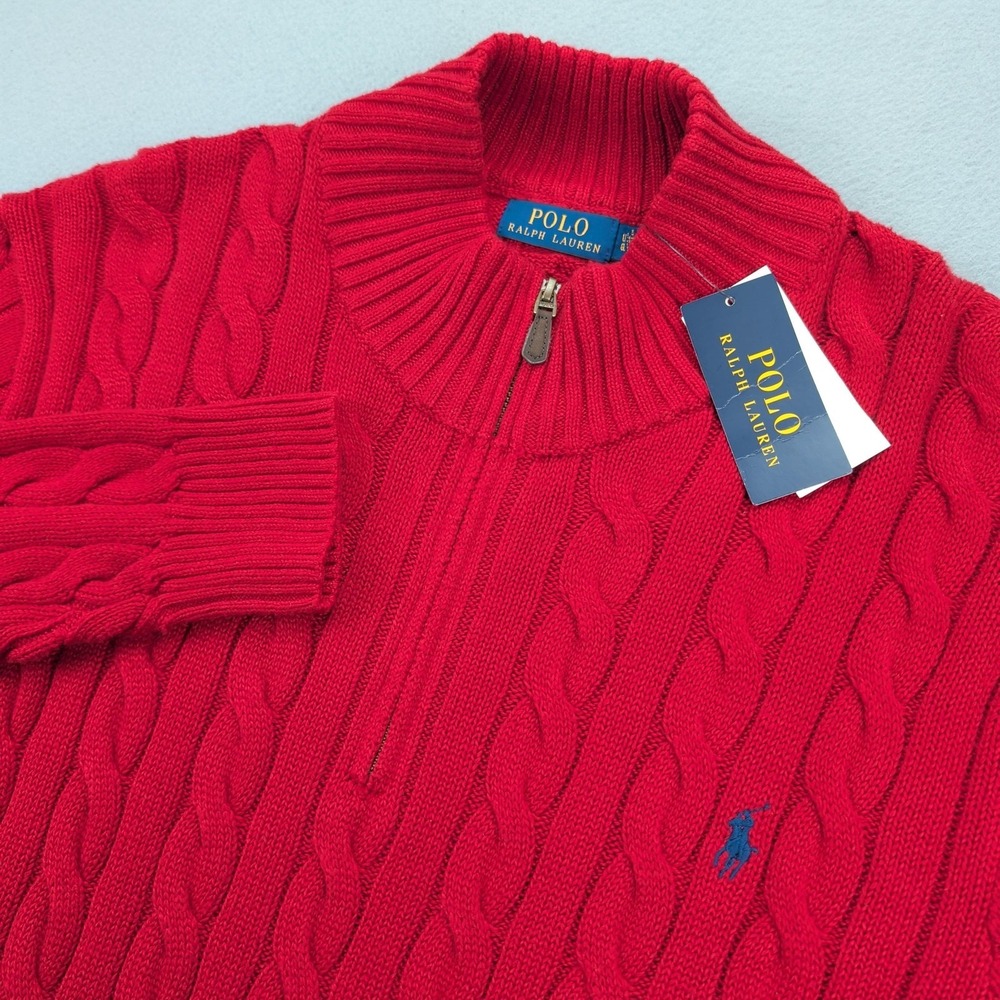 Polo Ralph Lauren Sweater Mens LT Red Cable Knit 1/4‎ Zip Mock Neck Pony Logo